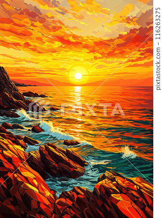 Sunset over ocean with rocky shore. Sunset over ocean with rocky shore. 116263275