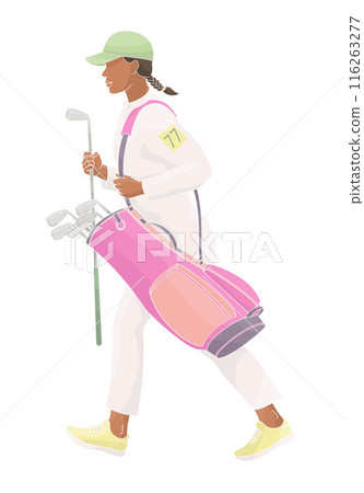 smiling golf club staff character African American female caddiewith golf club and club bag 116263277