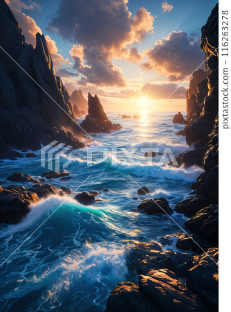 A beautiful sunset over the ocean with rocky cliffs. 116263278