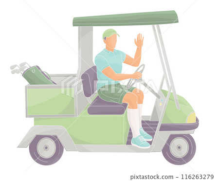 smiling golf club staff character male caddie driving a golf cart 116263279