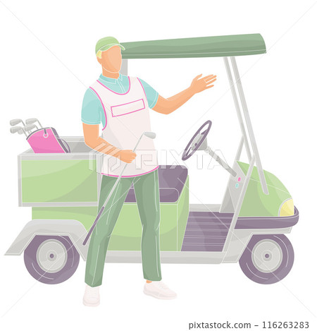smiling golf club staff character male caddie with golf car buggy smiling golf club staff character male caddie with golf car buggy 116263283