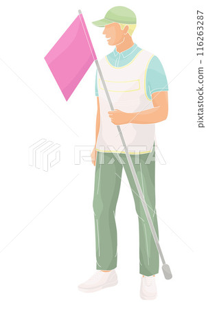 smiling golf club staff character  male caddie with flag 116263287