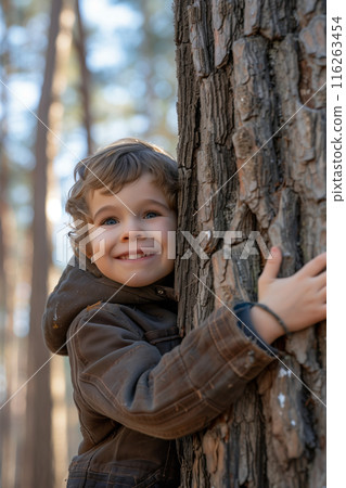 Selective focus of A Caucasian boy hugs the trunk of a big tree in the forest with a happy smile. 116263454