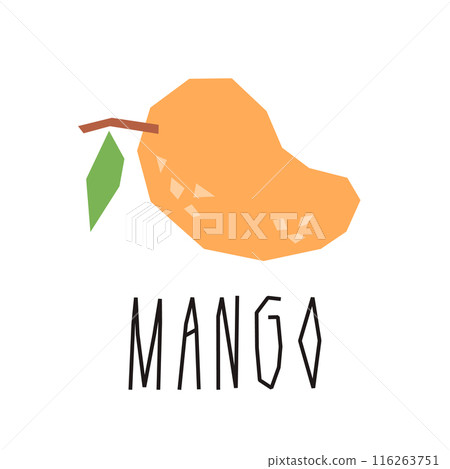 Mango cartoon illustration and text isolated on white. Tropical fruits. Mango slice geometric logo, print, design. Vector illustration Mango cartoon illustration and text isolated on white. Tropical fruits. Mango slice geometric logo, print, design. Vector illustration 116263751