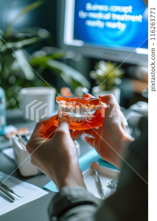 Dentist holds dental model and shows patient how to care for white teeth in clinic. 116263771