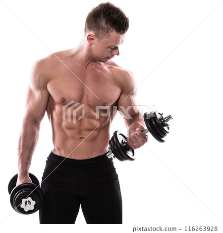 Bodybuilder with heavy dumbbells over white background Bodybuilder with heavy dumbbells over white background 116263928