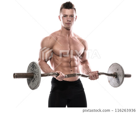 Young bodybuilder with barbell in studio on white background Young bodybuilder with barbell in studio on white background 116263936