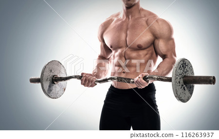 Young bodybuilder with barbell in studio on white background 116263937