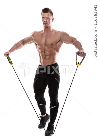 Bodybuilder working out with rubber band over white background Bodybuilder working out with rubber band over white background 116263943