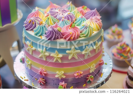 A colorful birthday cake with rainbow frosting and star-shaped decorations sits on a silver cake stand. 116264021