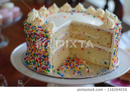A white cake with sprinkles and buttercream frosting sits on a stand. A slice shows the moist layers inside. 116264038