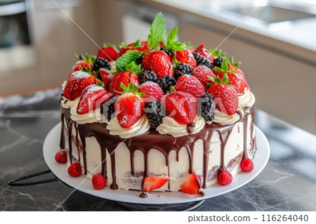 A decadent chocolate cake, decorated with fresh strawberries, blackberries, and whipped cream, sits on a white cake stand. 116264040