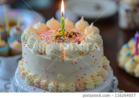 A white cake with colorful sprinkles and a single lit candle sits on a cake stand, surrounded by other desserts. 116264057