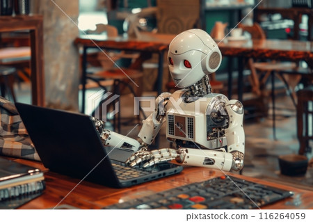 A robotic figure sits at a wooden table in a coffee shop, typing on a laptop with its metallic hands. 116264059