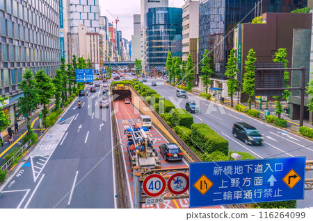 Tokyo cityscape in Japan: Warning... Slow down... View of the Shinbashi Underground Passage Entrance, etc. = June 21st 116264099