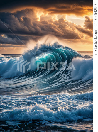 Waves crashing on beach. 116264290