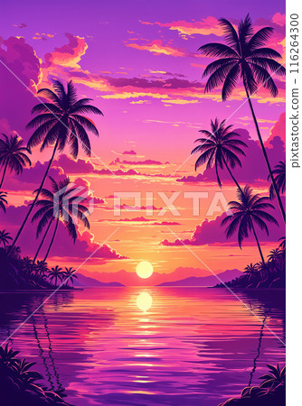 A tropical beach scene at sunset. 116264300
