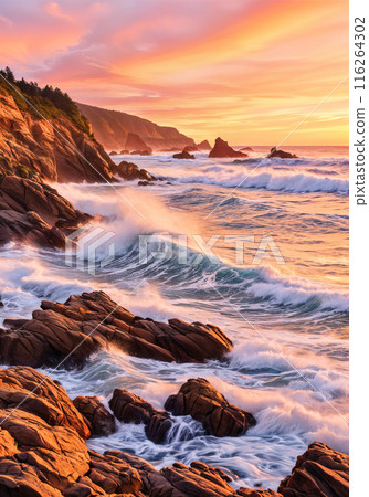 Sunset over rocky shore with waves crashing. 116264302