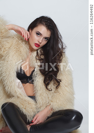 Glamorous Woman with Colorful Dark Hair and Perfect Makeup, fashion portrait 116264492