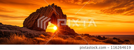 Sunset behind rock formation. Sunset behind rock formation. 116264619