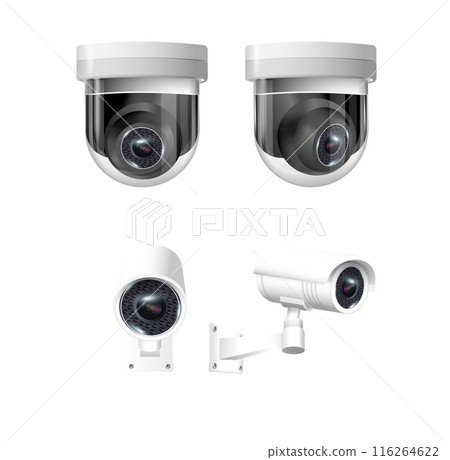 Security cameras on modern building. Professional surveillance camera. Security system, technology concept. Video equipment for safety system area control. Vector Security cameras on modern building. Professional surveillance camera. Security system, technology concept. Video equipment for safety system area control. Vector 116264622