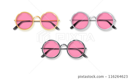 Pink Round Golden, Silver and black frame glasses set isolated, Transparent Sunglasses Accessory. Optics lens vintage Trendy Glasses. Vector 116264623