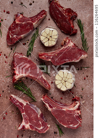 fresh, raw calf ribs, with spices, top view, no people, fresh, raw calf ribs, with spices, top view, no people, 116264695