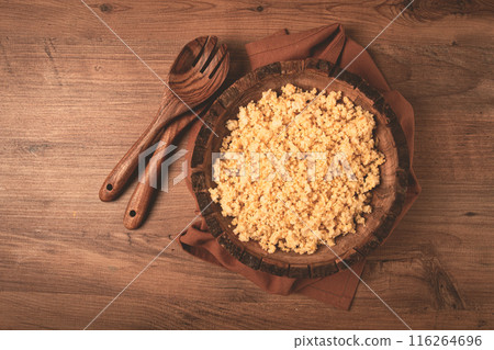 cooked couscous, in a wooden bowl, top view, no people, cooked couscous, in a wooden bowl, top view, no people, 116264696