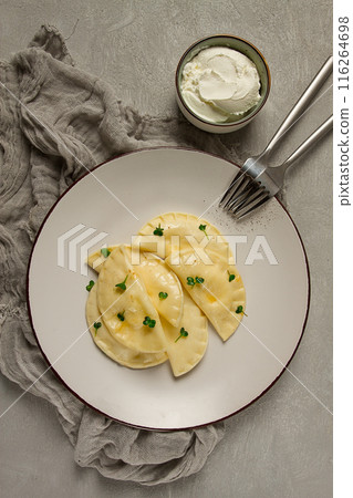 Pierogi, a traditional dish of Polish cuisine, dumplings, top view, close-up, no people, 116264698