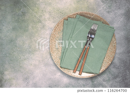 a plate with a kitchen towel and two forks, food wallpaper, food concept, top view, no people, 116264700
