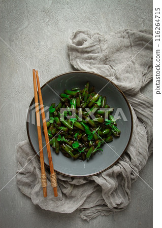 fried bean pods, in soy sauce, with sesame seeds, homemade, no people, fried bean pods, in soy sauce, with sesame seeds, homemade, no people, 116264715