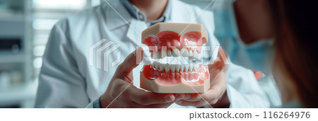 Dentist holds dental model and shows patient how to care for white teeth in clinic. 116264976