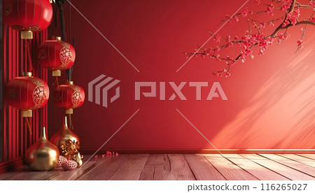 Design of festive decorations for Chinese New Year with red background and copy space 116265027
