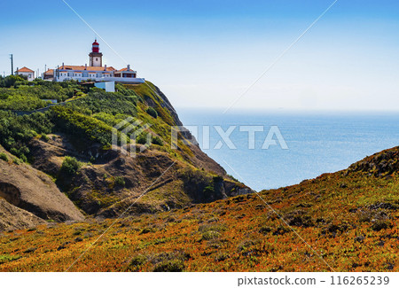 Cabo da Roca lighthouse overlooking the promontory towards the Atlantic Ocean, Portugal 116265239