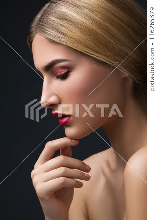 Portrait of blonde girl with red lips Portrait of blonde girl with red lips 116265379