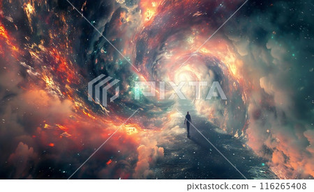 Travel through the realm of time through a time portal surrounded by warped space 116265408