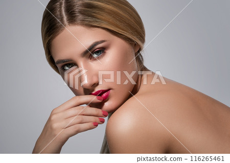 Portrait of beautiful blonde girl with red lips 116265461