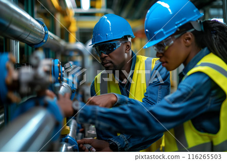 African American male and female engineers inspecting water valves together in a fire safety room. 116265503