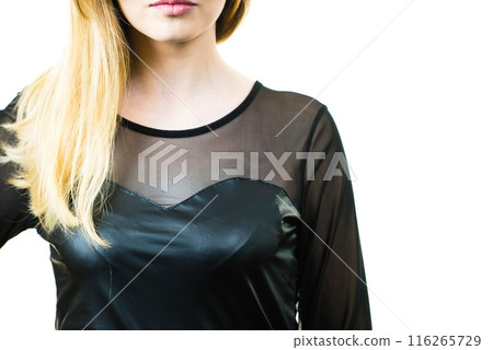 Happy woman wearing black top Happy woman wearing black top 116265729