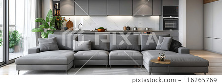 Selective focus of modern living room interior with gray sofa in apartment room. 116265769