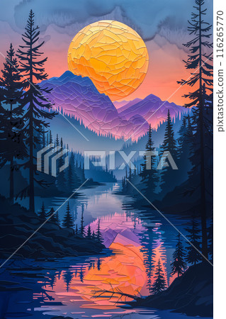 Paper cutting, natural view of forest, mountains and rivers. 116265770