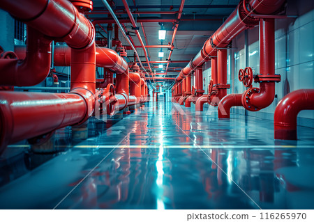 Selective focus of Red water pipes and fire extinguishing system valves in the building. 116265970