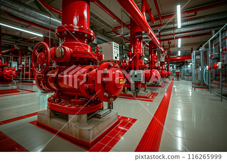 Selective focus of Red water pipes and fire extinguishing system valves in the building. 116265999