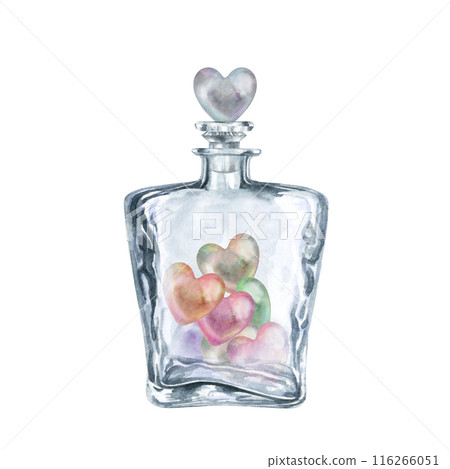 Transparent glass bottles with pearl multicolor hearts. Watercolor illustration of love potion for Valentine's day, wedding, interior decor, aromatic oils for aromatherapy, alcohol, alchemy, cooking 116266051