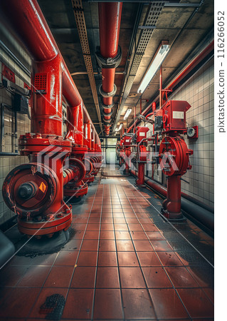 Selective focus of Red water pipes and fire extinguishing system valves in the building. 116266052