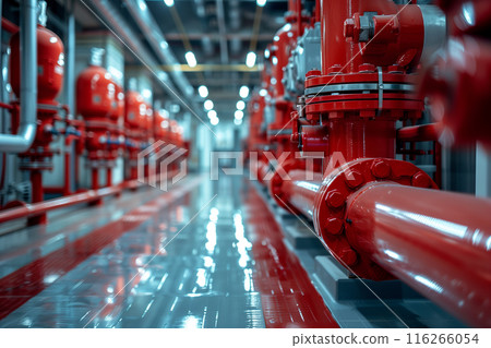 Selective focus of Red water pipes and fire extinguishing system valves in the building. 116266054