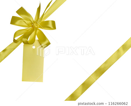 Yellow silk ribbon and bow, yellow paper tag for congratulations. 116266062