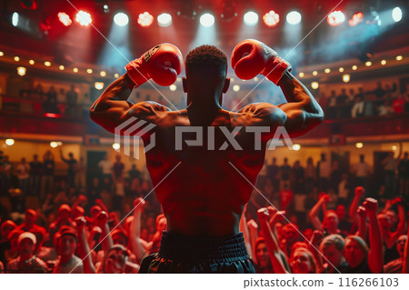 Rear view of a male boxer raising his hands on the stage. The audience below the stage cheered. 116266103
