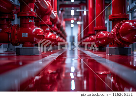 Selective focus of Red water pipes and fire extinguishing system valves in the building. 116266131