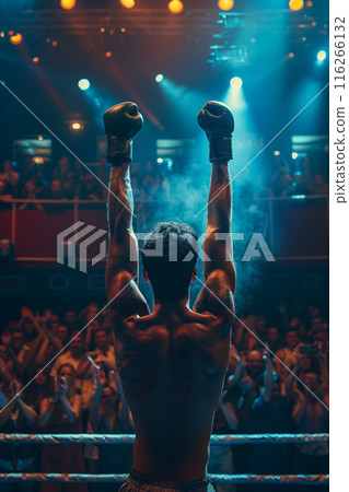 Rear view of a male boxer raising his hands on the stage. The audience below the stage cheered. 116266132